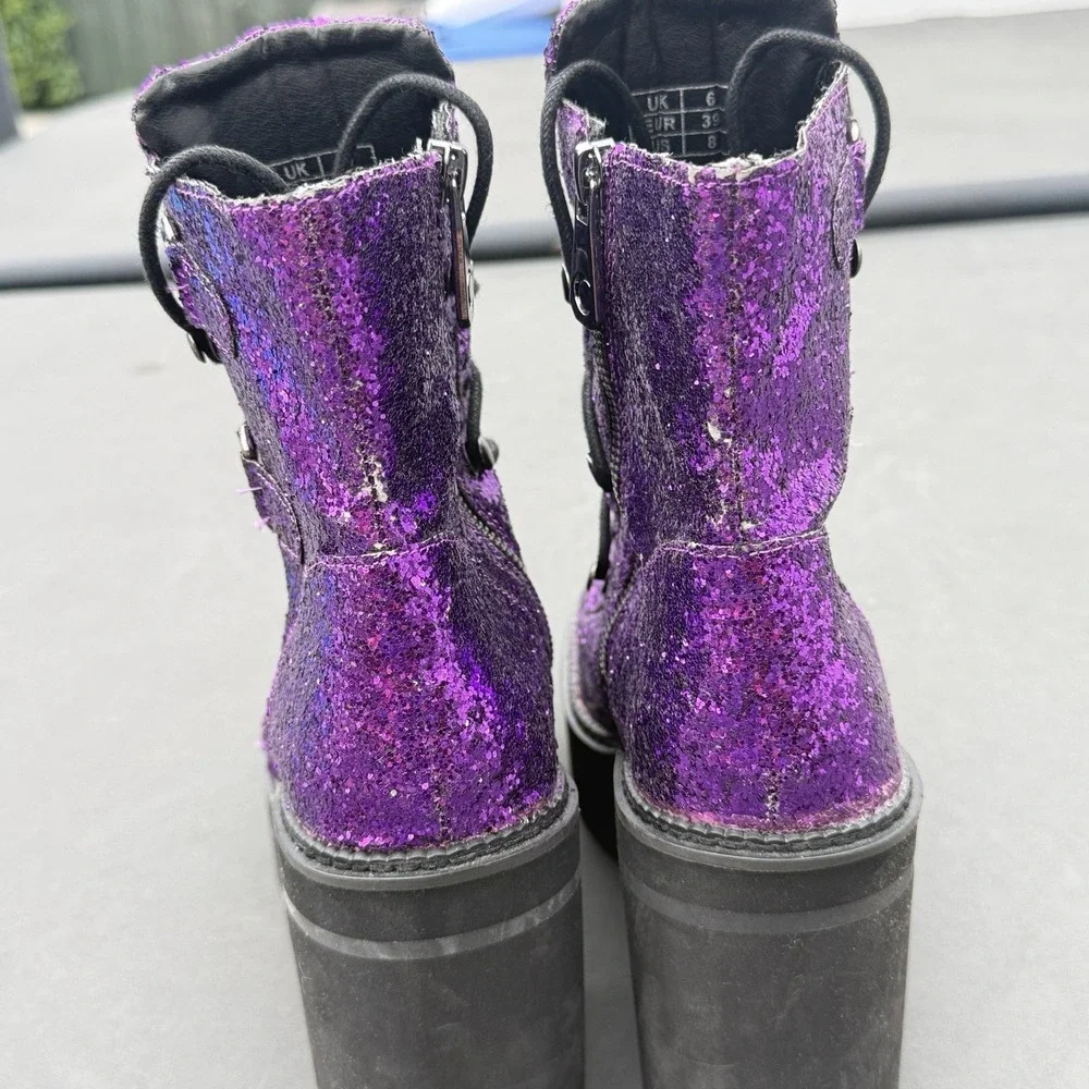 Size 8 Broom Rider Purple Glitter Platform Boots Women's Witchy Goth Festival